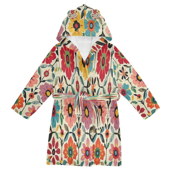 FORMRS Niños Bathrobe Unisex Hooded Robe Soft Plush Pajamas Sleepwear, Size 2-3T, Colorful Flowers