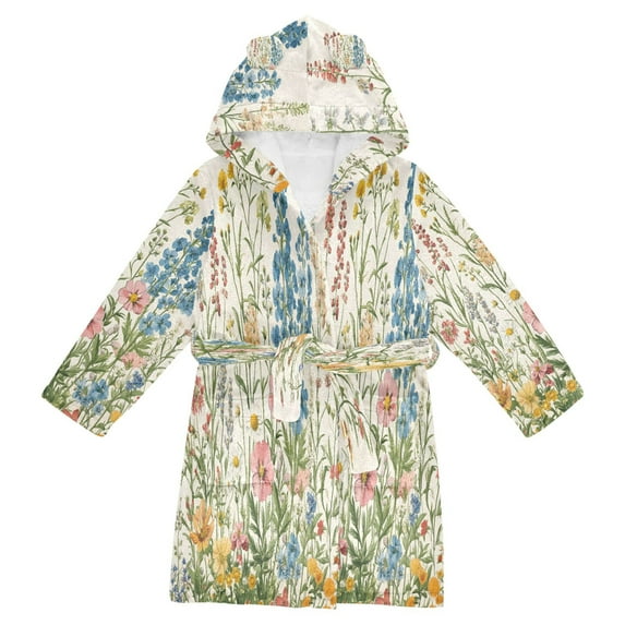 FORMRS Niños Bathrobe Unisex Hooded Robe Soft Plush Pajamas Sleepwear, Size 2-3T, Colorful Wildflowers