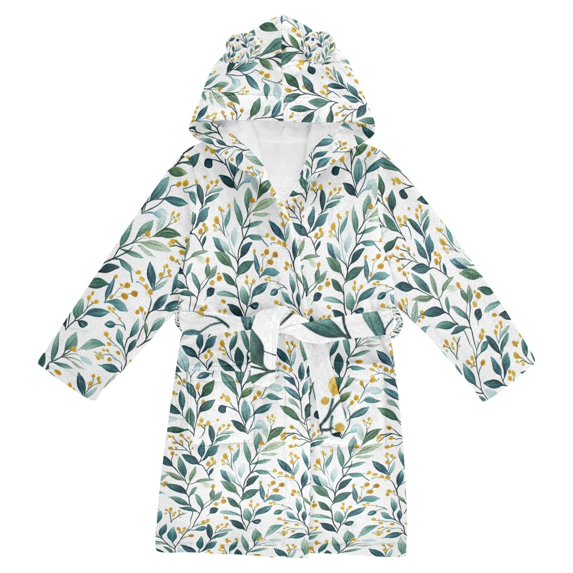 FORMRS Niños Bathrobe Unisex Hooded Robe Soft Plush Pajamas Sleepwear, Size 2-3T, Darker Leafy Pattern