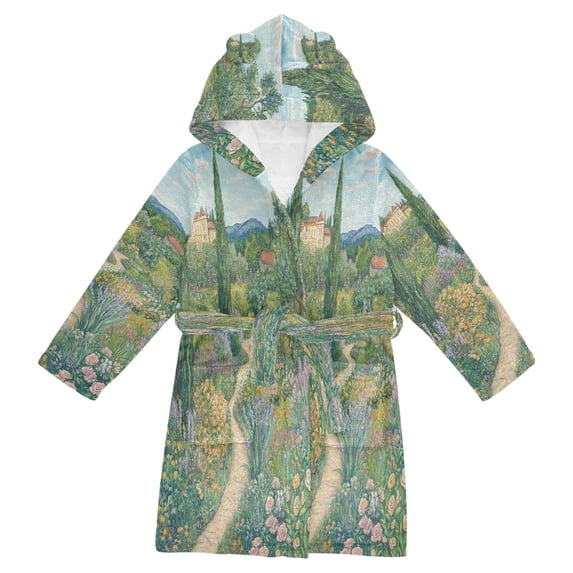 FORMRS Niños Bathrobe Unisex Hooded Robe Soft Plush Pajamas Sleepwear, Size 2-3T, Garden Scene