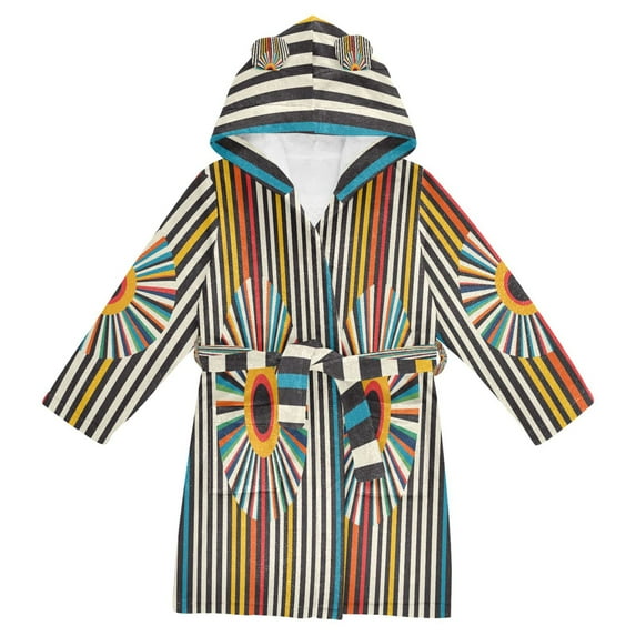 FORMRS Niños Bathrobe Unisex Hooded Robe Soft Plush Pajamas Sleepwear, Size 2-3T, Geometric Stripes