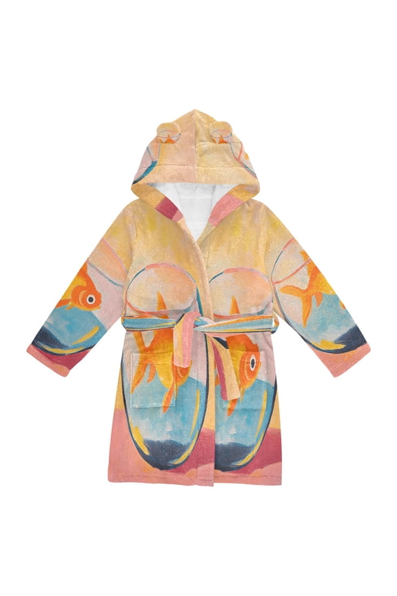 Niños Bathrobe Unisex Hooded Robe Soft Plush Pajamas Sleepwear, Size 2-3T, Goldfish