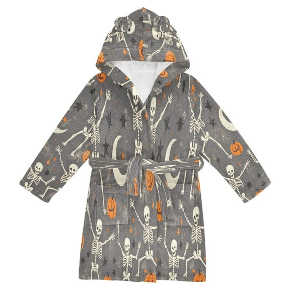 FORMRS Niños Bathrobe Unisex Hooded Robe Soft Plush Pajamas Sleepwear, Size 2-3T, Gray Halloween Skeleton