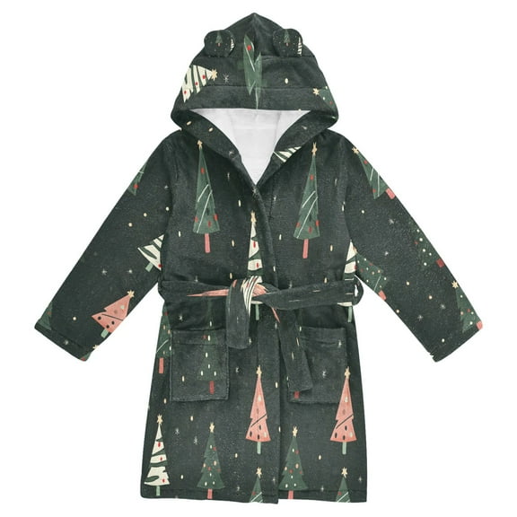 FORMRS Niños Bathrobe Unisex Hooded Robe Soft Plush Pajamas Sleepwear, Size 2-3T, Green Christmas Trees
