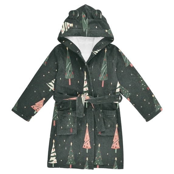 FORMRS Niños Bathrobe Unisex Hooded Robe Soft Plush Pajamas Sleepwear, Size 2-3T, Green Christmas Trees