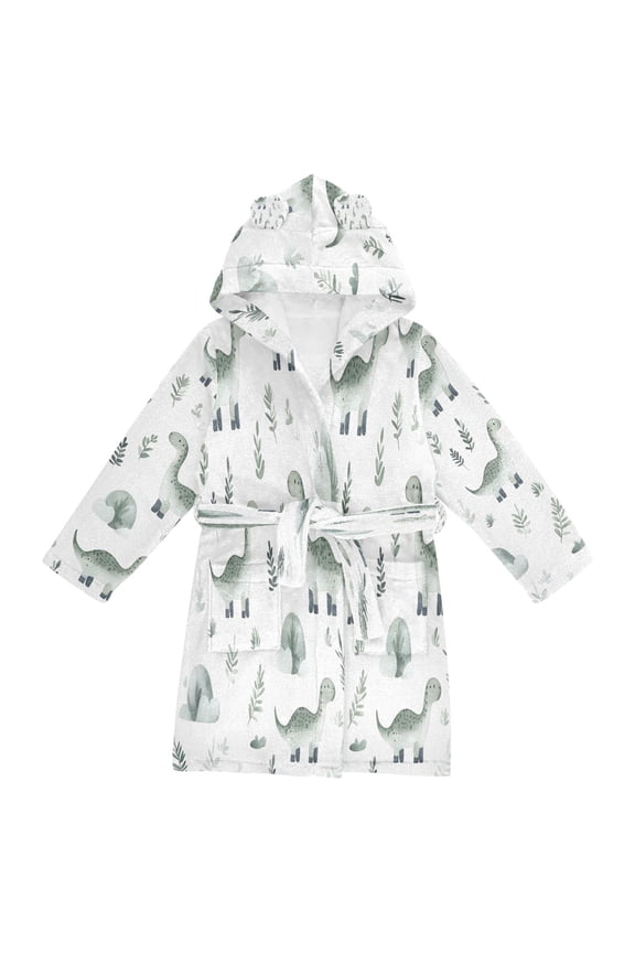 Niños Bathrobe Unisex Hooded Robe Soft Plush Pajamas Sleepwear, Size 2-3T, Green Dinosaur Pattern