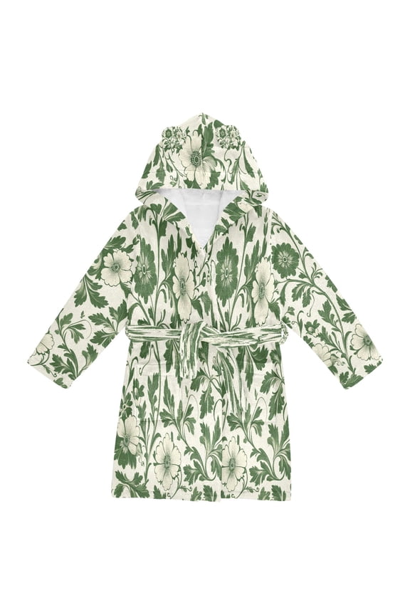 Niños Bathrobe Unisex Hooded Robe Soft Plush Pajamas Sleepwear, Size 2-3T, Green Floral