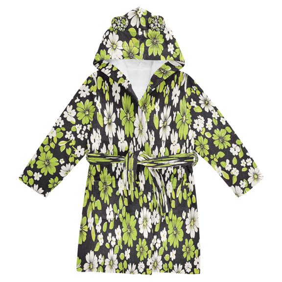 FORMRS Niños Bathrobe Unisex Hooded Robe Soft Plush Pajamas Sleepwear, Size 2-3T, Green Flower Pattern