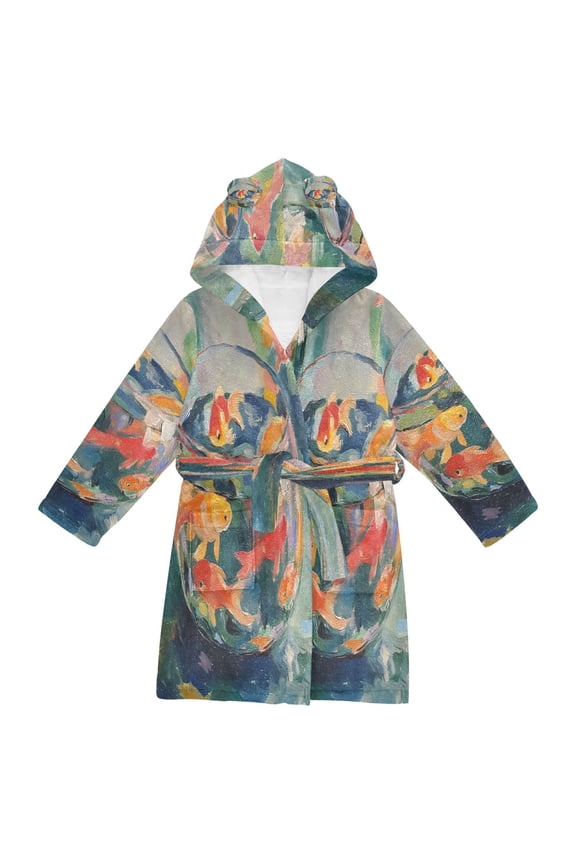 Niños Bathrobe Unisex Hooded Robe Soft Plush Pajamas Sleepwear, Size 2-3T, Green Goldfish