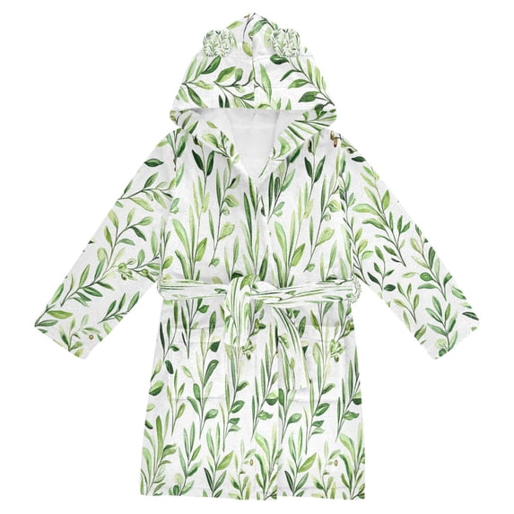 FORMRS Niños Bathrobe Unisex Hooded Robe Soft Plush Pajamas Sleepwear, Size 2-3T, Green Leafy Pattern