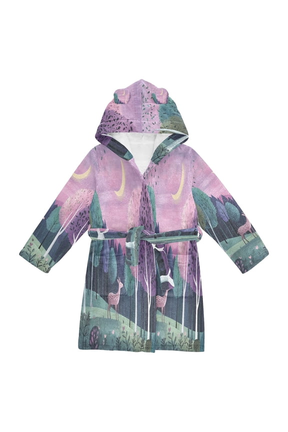 Niños Bathrobe Unisex Hooded Robe Soft Plush Pajamas Sleepwear, Size 2-3T, Green Night Deer