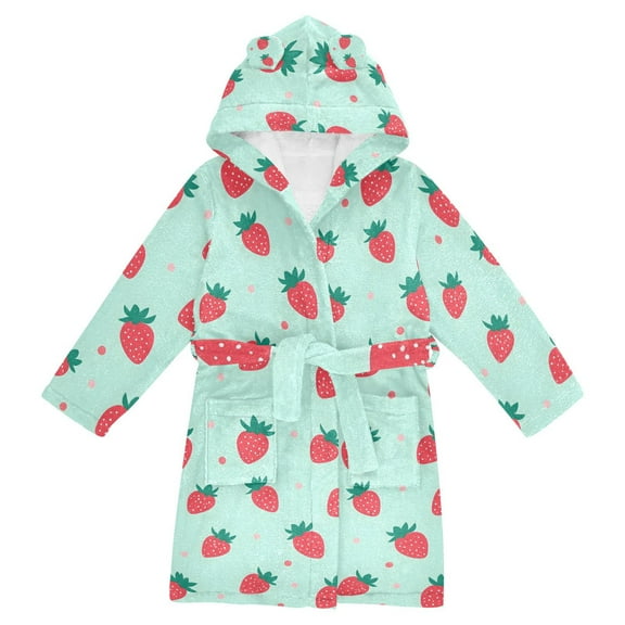 FORMRS Niños Bathrobe Unisex Hooded Robe Soft Plush Pajamas Sleepwear, Size 2-3T, Green Strawberry