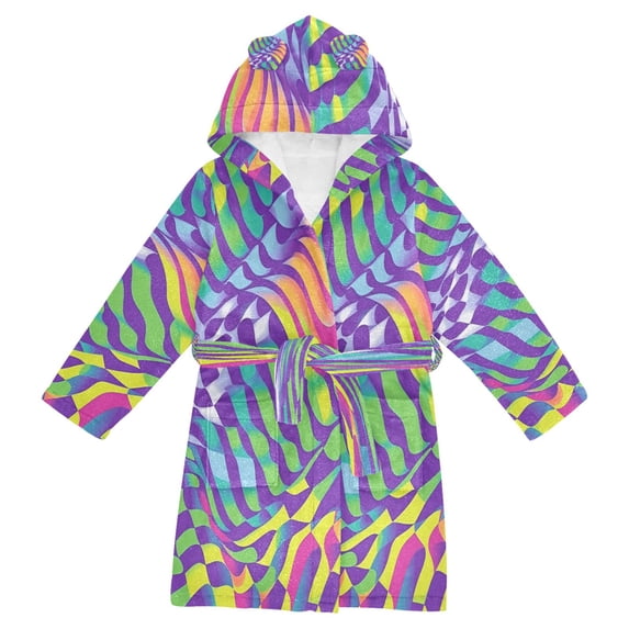FORMRS Niños Bathrobe Unisex Hooded Robe Soft Plush Pajamas Sleepwear, Size 2-3T, Green Wavy Pattern