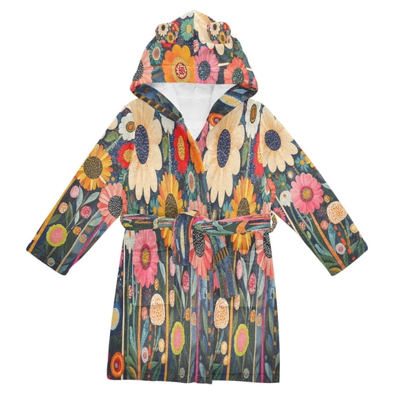 FORMRS Niños Bathrobe Unisex Hooded Robe Soft Plush Pajamas Sleepwear, Size 2-3T, Large Colorful Flowers