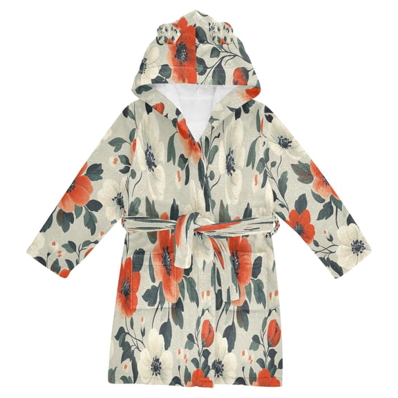 FORMRS Kids Bathrobe Unisex Hooded Robe Toddler Pajamas Sleepwear, Size 2-3T, Large Red Floral Pattern