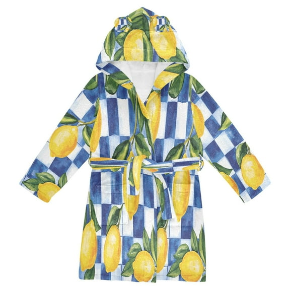 FORMRS Niños Bathrobe Unisex Hooded Robe Soft Plush Pajamas Sleepwear, Size 2-3T, Lemon Checkered