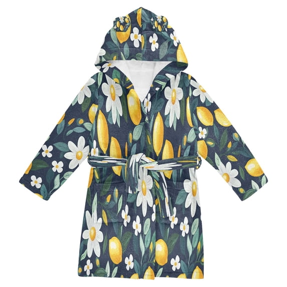 FORMRS Niños Bathrobe Unisex Hooded Robe Soft Plush Pajamas Sleepwear, Size 2-3T, Lemon Flowers
