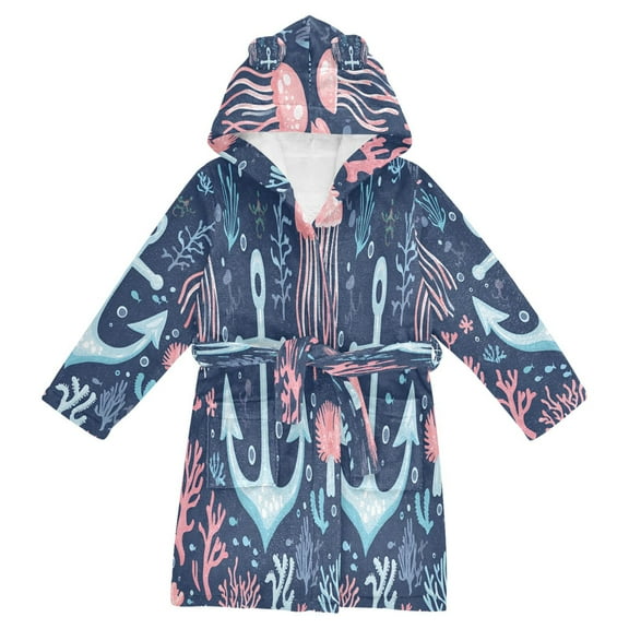 FORMRS Niños Bathrobe Unisex Hooded Robe Soft Plush Pajamas Sleepwear, Size 2-3T, Light Blue Anchor
