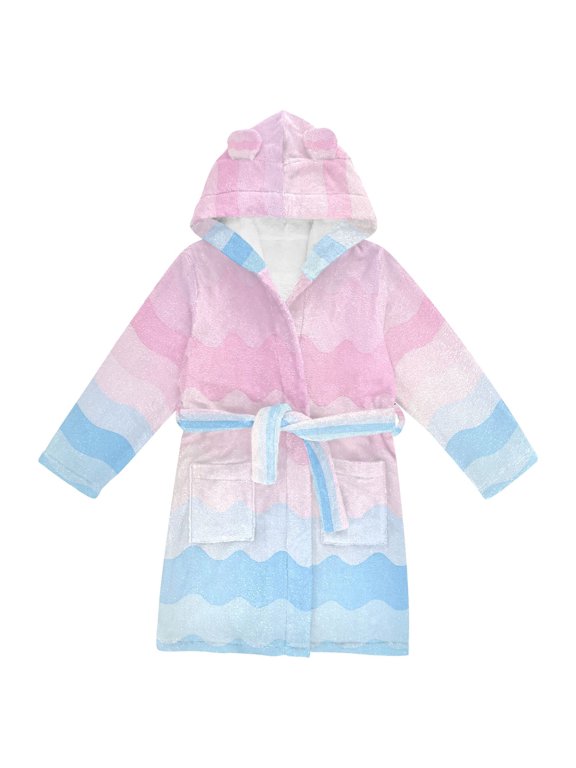 Niños Bathrobe Unisex Hooded Robe Soft Plush Pajamas Sleepwear, Size 2-3T, Light Pink Stripes