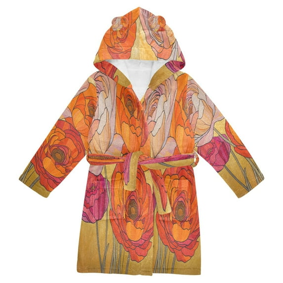 FORMRS Kids Bathrobe Unisex Hooded Robe Toddler Pajamas Sleepwear, Size 2-3T, Orange Abstract Floral