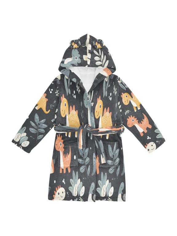 Niños Bathrobe Unisex Hooded Robe Soft Plush Pajamas Sleepwear, Size 2-3T, Orange Dinosaur