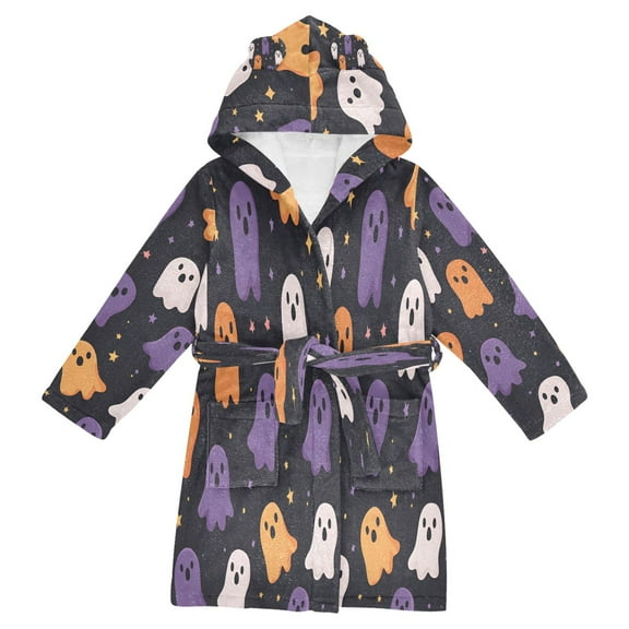 FORMRS Niños Bathrobe Unisex Hooded Robe Soft Plush Pajamas Sleepwear, Size 2-3T, Orange Halloween Ghosts