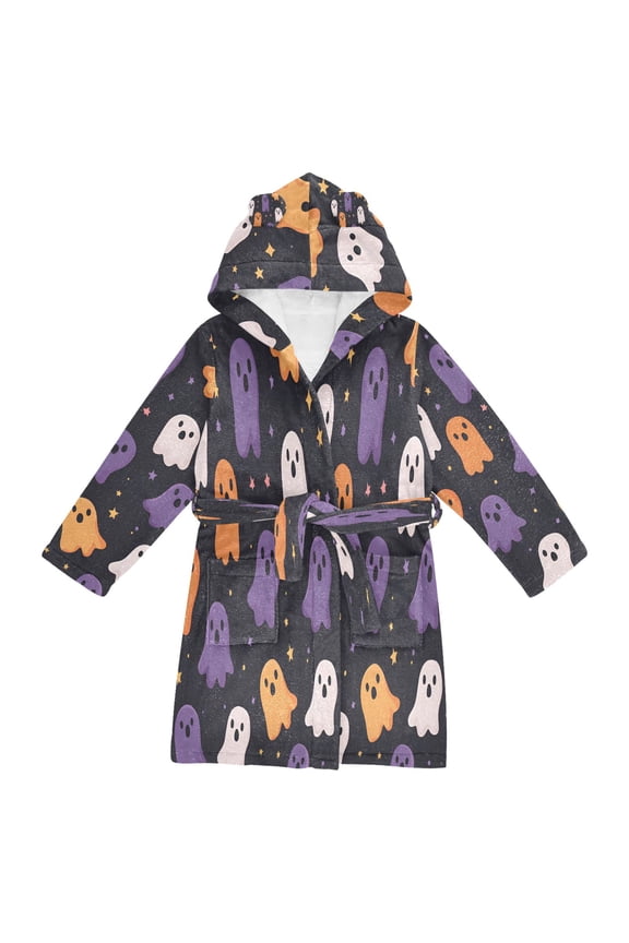 Niños Bathrobe Unisex Hooded Robe Soft Plush Pajamas Sleepwear, Size 2-3T, Orange Halloween Ghosts