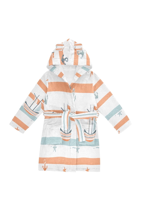Niños Bathrobe Unisex Hooded Robe Soft Plush Pajamas Sleepwear, Size 2-3T, Orange Nautical Pattern