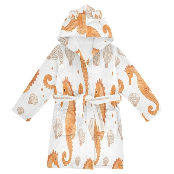 FORMRS Niños Bathrobe Unisex Hooded Robe Soft Plush Pajamas Sleepwear, Size 2-3T, Orange Seahorse