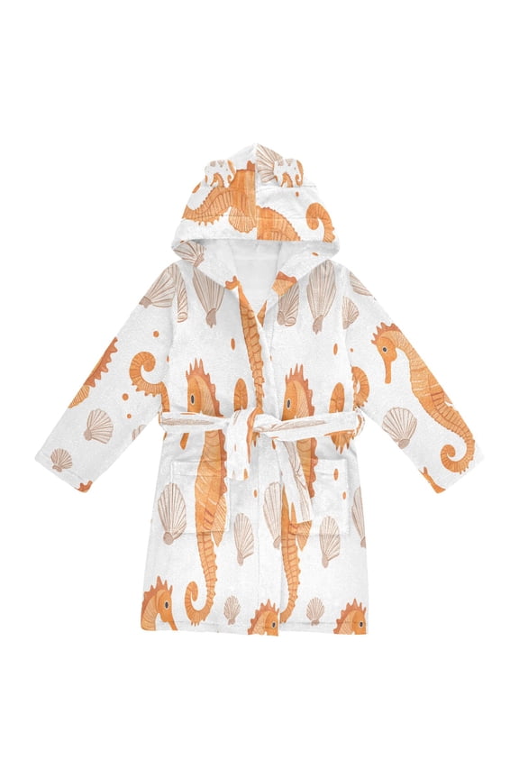 Niños Bathrobe Unisex Hooded Robe Soft Plush Pajamas Sleepwear, Size 2-3T, Orange Seahorse