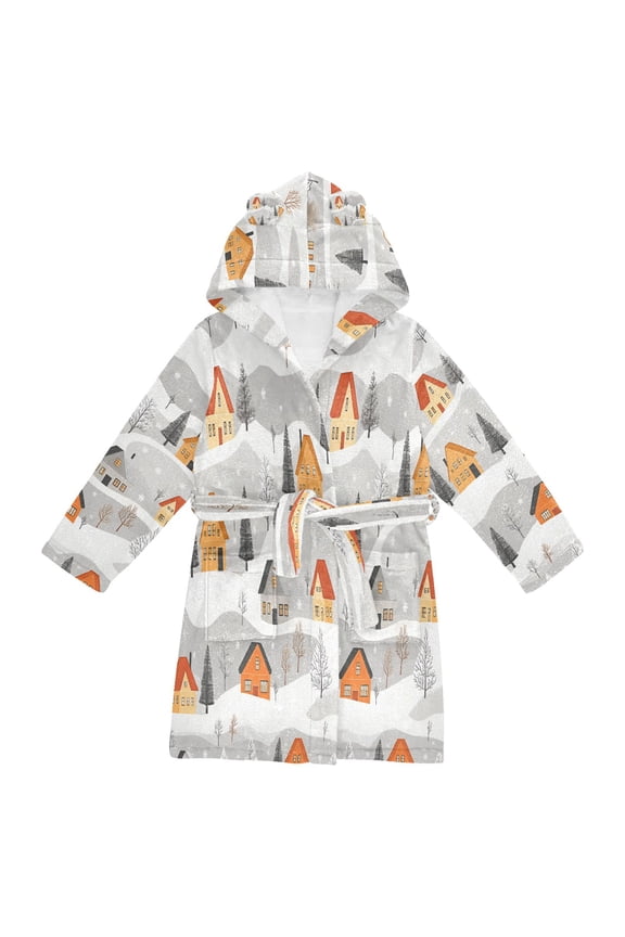 Niños Bathrobe Unisex Hooded Robe Soft Plush Pajamas Sleepwear, Size 2-3T, Orange Snow Houses
