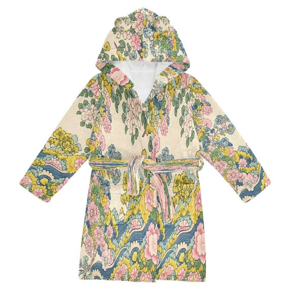 FORMRS Niños Bathrobe Unisex Hooded Robe Soft Plush Pajamas Sleepwear, Size 2-3T, Pink Floral Wave
