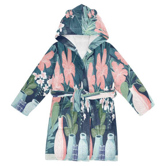 FORMRS Niños Bathrobe Unisex Hooded Robe Soft Plush Pajamas Sleepwear, Size 2-3T, Pink Flowers