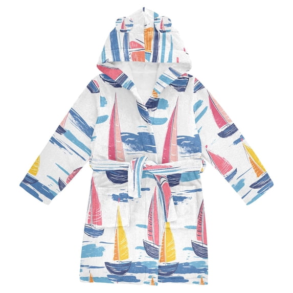 FORMRS Niños Bathrobe Unisex Hooded Robe Soft Plush Pajamas Sleepwear, Size 2-3T, Pink Hand Drawn Sailboats