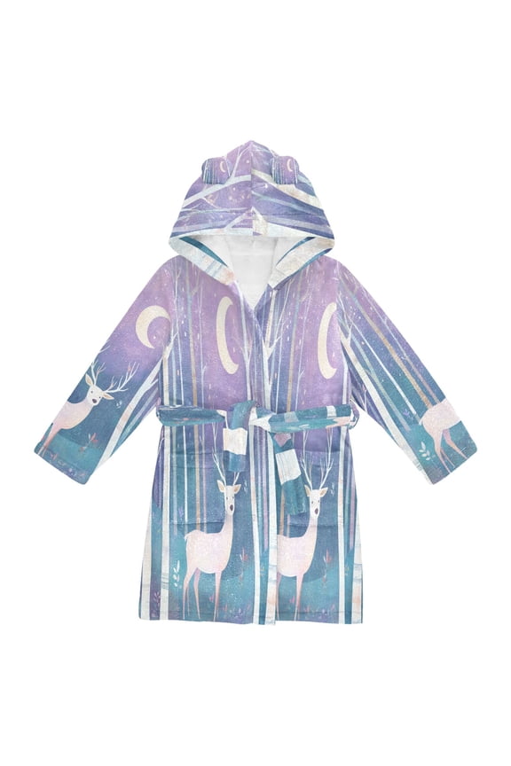 Niños Bathrobe Unisex Hooded Robe Soft Plush Pajamas Sleepwear, Size 2-3T, Purple Night Deer