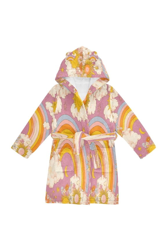 Kids Bathrobe Unisex Hooded Robe Toddler Pajamas Sleepwear, Size 2-3T, Purple Retro Rainbow
