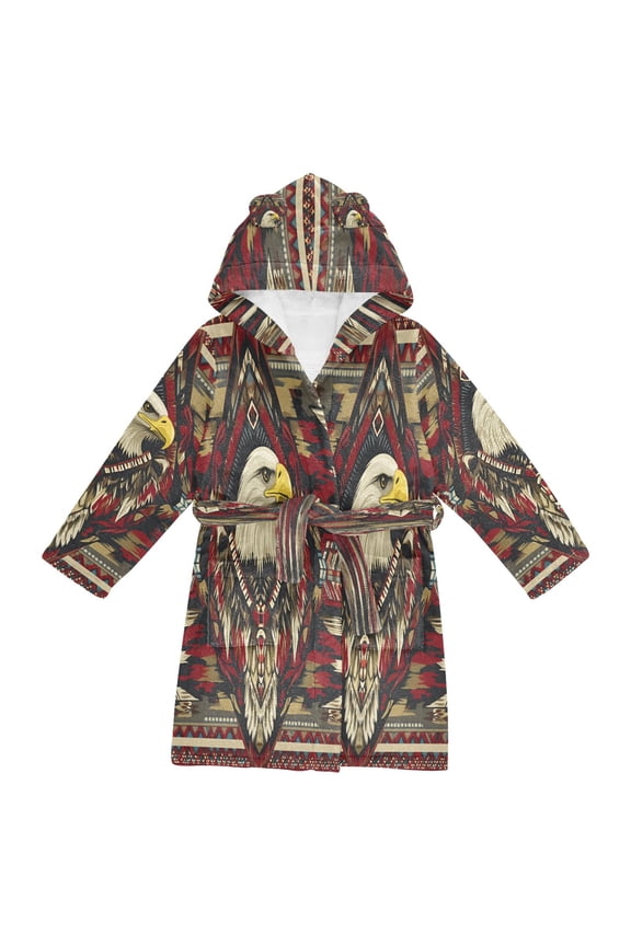 Kids Bathrobe Unisex Hooded Robe Toddler Pajamas Sleepwear, Size 2-3T, Red Abstract Eagle