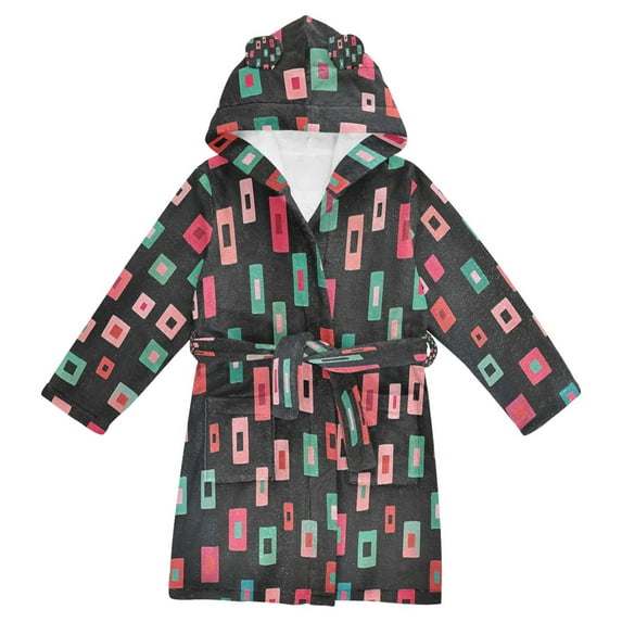 FORMRS Niños Bathrobe Unisex Hooded Robe Soft Plush Pajamas Sleepwear, Size 2-3T, Red Block Pattern