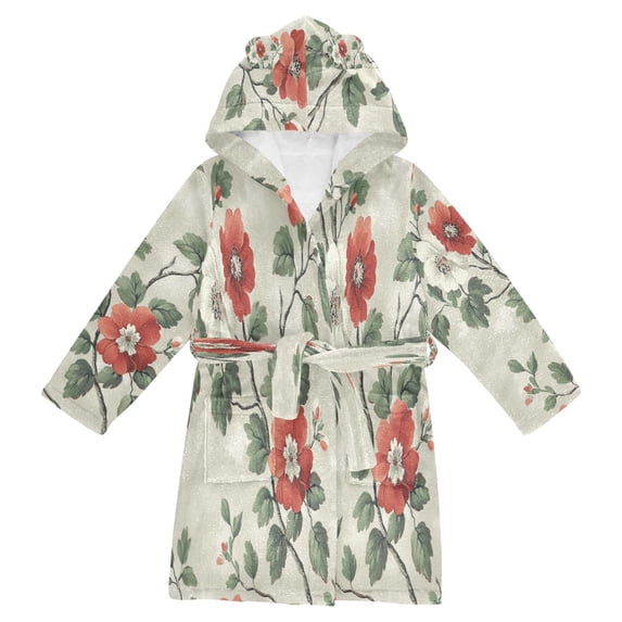 FORMRS Niños Bathrobe Unisex Hooded Robe Soft Plush Pajamas Sleepwear, Size 2-3T, Red Floral Pattern