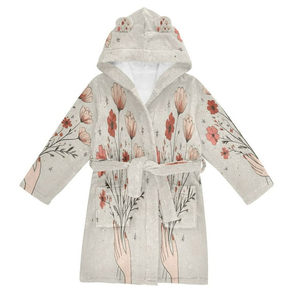 FORMRS Niños Bathrobe Unisex Hooded Robe Soft Plush Pajamas Sleepwear, Size 2-3T, Red Flower