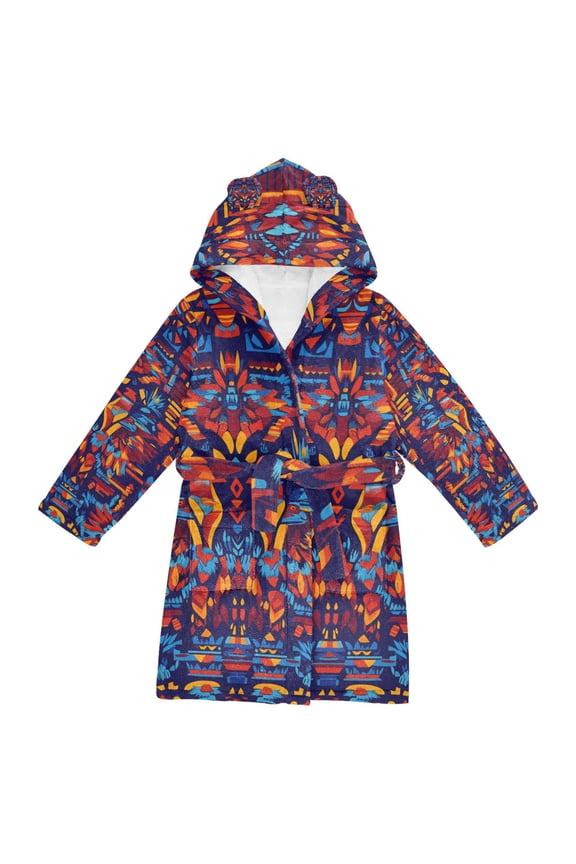 Niños Bathrobe Unisex Hooded Robe Soft Plush Pajamas Sleepwear, Size 2-3T, Red Geometric Eagle