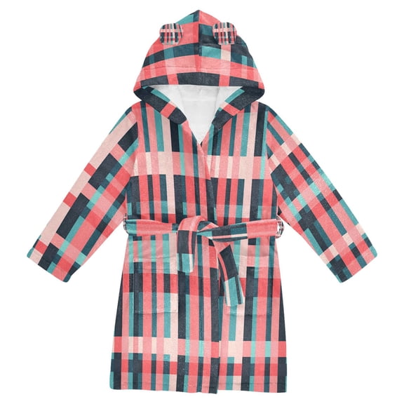 FORMRS Kids Bathrobe Unisex Hooded Robe Toddler Pajamas Sleepwear, Size 2-3T, Red Teal Stripes