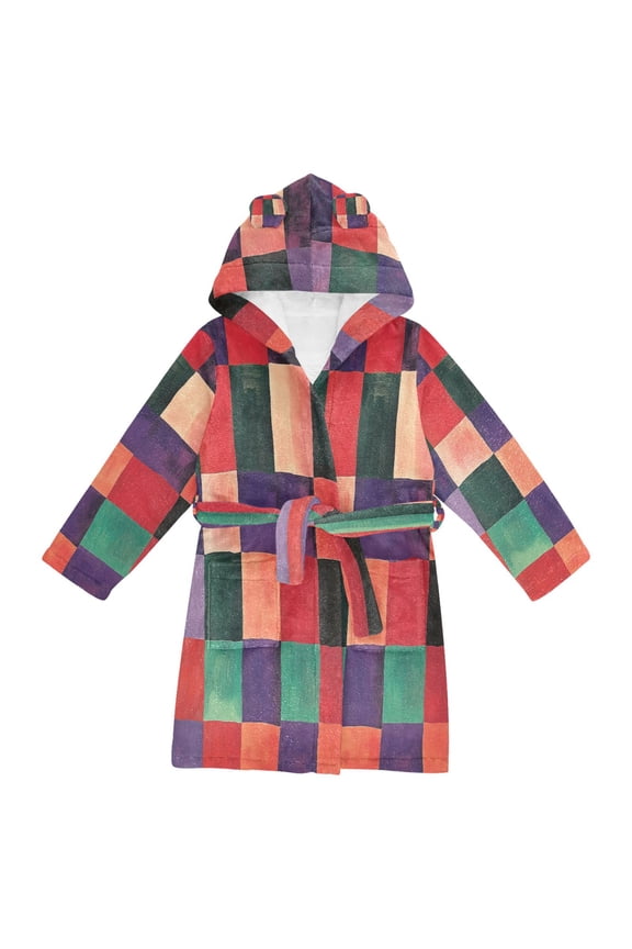 Niños Bathrobe Unisex Hooded Robe Soft Plush Pajamas Sleepwear, Size 2-3T, Red and Purple Plaid Pattern