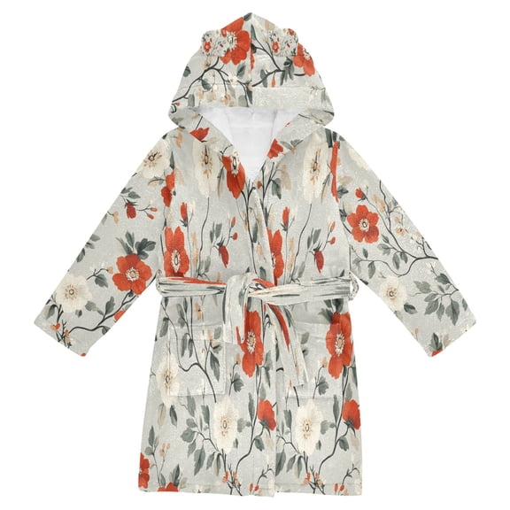 FORMRS Kids Bathrobe Unisex Hooded Robe Toddler Pajamas Sleepwear, Size 2-3T, Red and White Floral Pattern