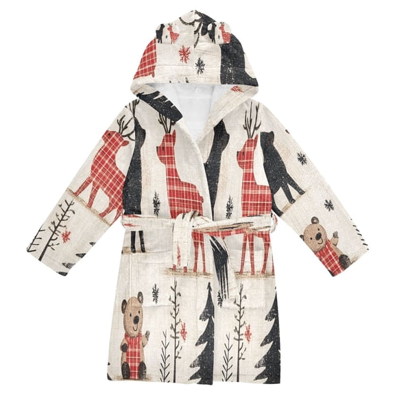 FORMRS Niños Bathrobe Unisex Hooded Robe Soft Plush Pajamas Sleepwear, Size 2-3T, Retro Christmas Forest