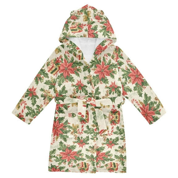 FORMRS Niños Bathrobe Unisex Hooded Robe Soft Plush Pajamas Sleepwear, Size 2-3T, Retro Christmas Holly
