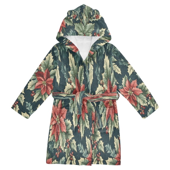 FORMRS Niños Bathrobe Unisex Hooded Robe Soft Plush Pajamas Sleepwear, Size 2-3T, Retro Christmas Poinsettia