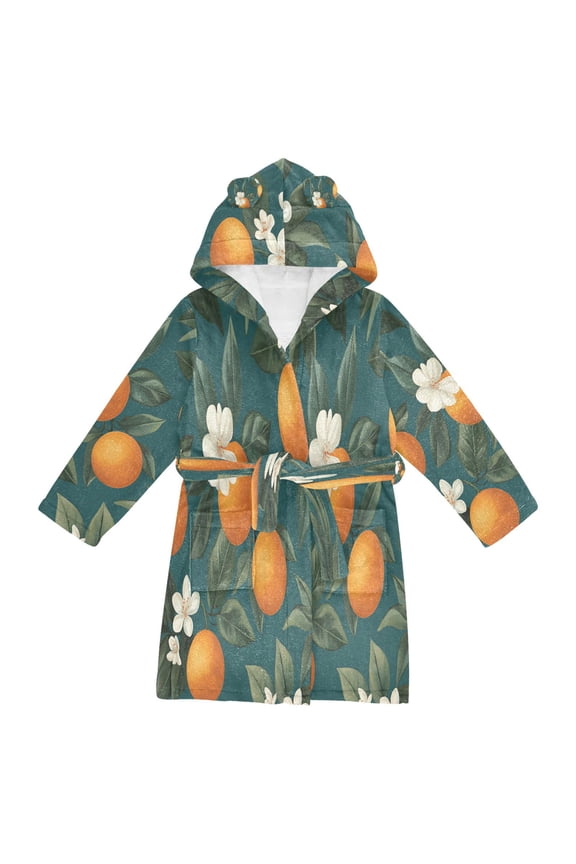 Niños Bathrobe Unisex Hooded Robe Soft Plush Pajamas Sleepwear, Size 2-3T, Retro Floral Orange