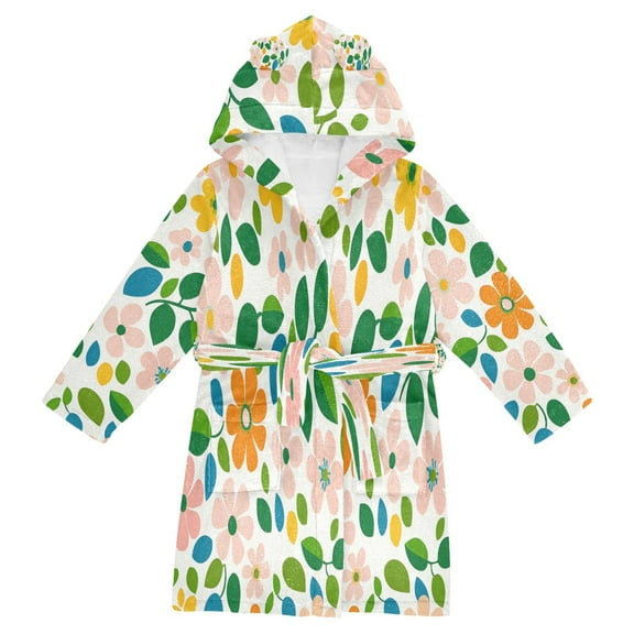 FORMRS Niños Bathrobe Unisex Hooded Robe Soft Plush Pajamas Sleepwear, Size 2-3T, Retro Orange Floral