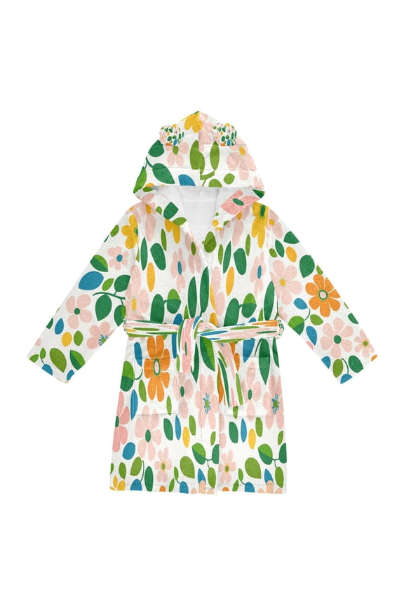 Niños Bathrobe Unisex Hooded Robe Soft Plush Pajamas Sleepwear, Size 2-3T, Retro Orange Floral